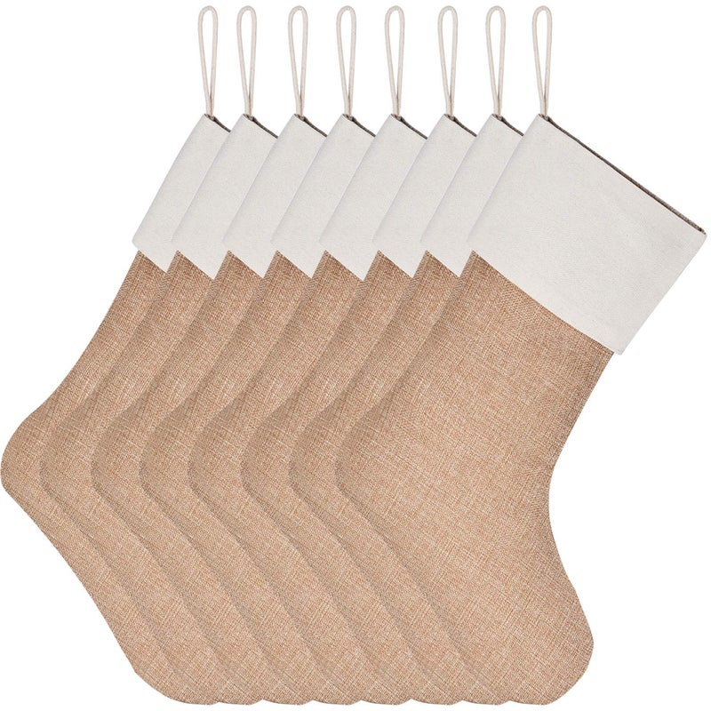 Sunshane Burlap Christmas Stockings Xmas Fireplace Hanging Stockings Decoration Stockings for Christmas Decoration DIY Craft (Flaxen, 8) - Image 1
